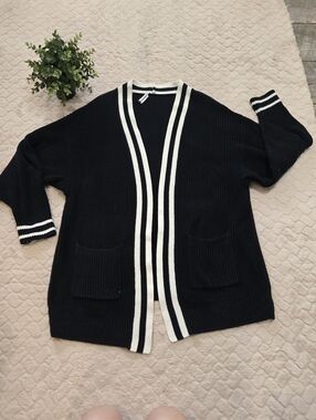 Express Black Cardigan White Stripes Academic Preppy Open Cardigan